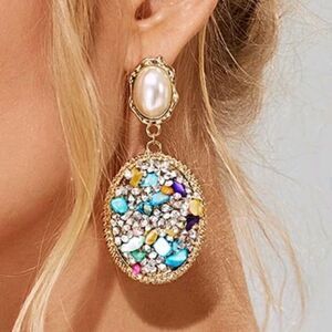 Faux Pearl Gold Rhinestone Big Oval Evening Formal Chandelier Earrings